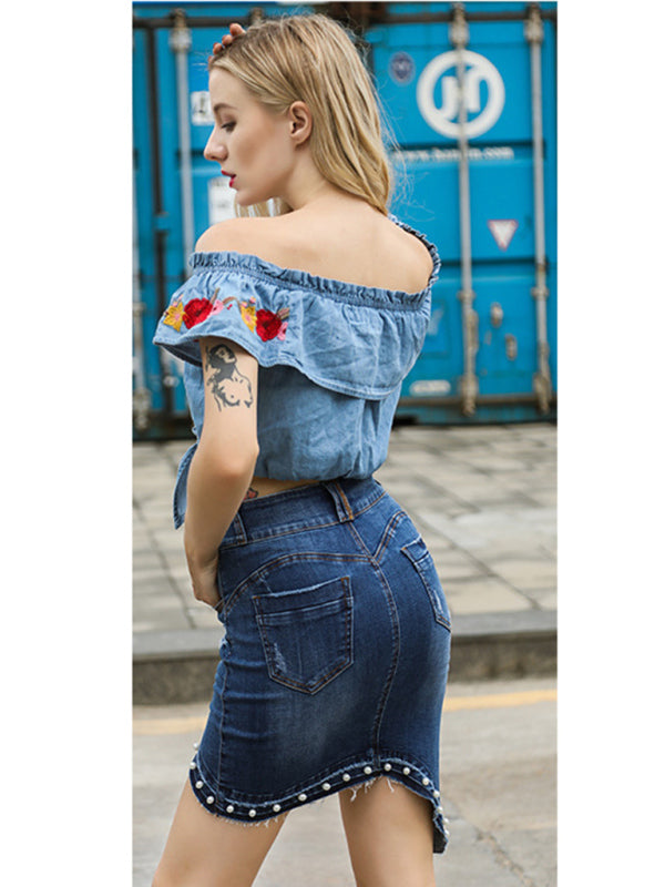 women's irregular beaded pearl denim midi skirt