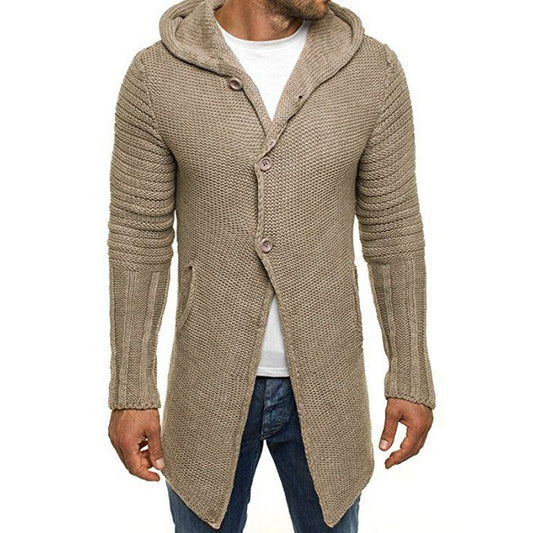 men's solid color casual long hooded cardigan