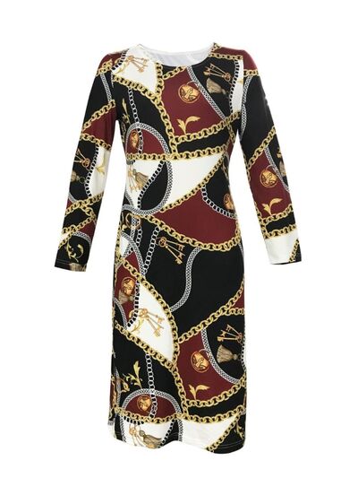 FZ Women's Printed Round Neck Long Sleeve Midi Dress - FZwear