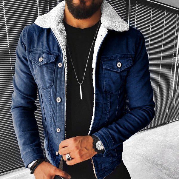 plush style thickened denim men's outer jacket