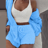 plush homewear casual 3-piece pajamas long sleeve navel vest shorts set