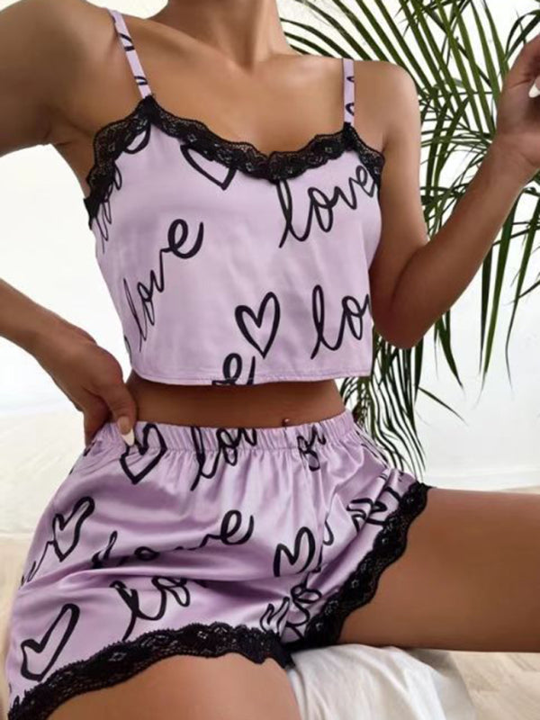 cute love print pajamas homewear fashion lace stitching suspender set