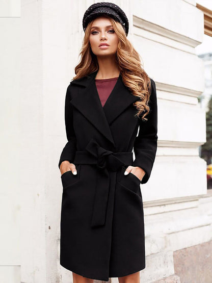 women's slim-fitting belt lapel tweed coat