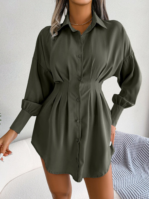 women's casual lantern sleeve waist asymmetric dress shirt skirt