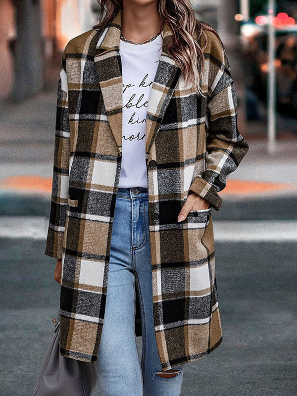 autumn and winter new women's lapel pocket plaid wool coat