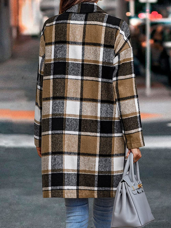 autumn and winter new women's lapel pocket plaid wool coat