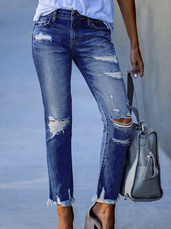 washed frayed tassel jeans slim high elastic small feet trousers