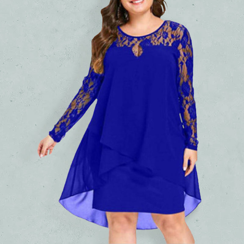 plus size lace sleeve long sleeve splicing round neck irregular chiffon dress