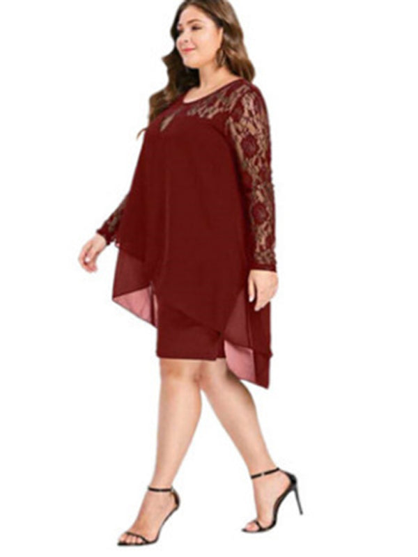 plus size lace sleeve long sleeve splicing round neck irregular chiffon dress