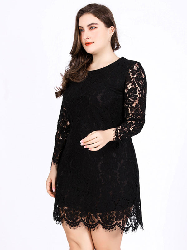 women’s solid color embroidered lace overlay three quarter midi dress