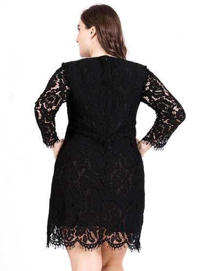 women’s solid color embroidered lace overlay three quarter midi dress