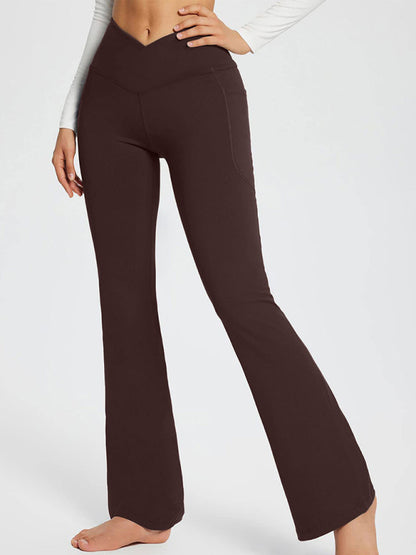 women’s solid color full length pocket waist flare leggings