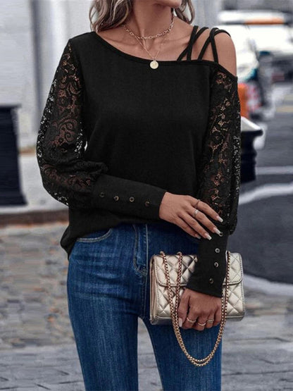 women's solid color lace sleeve blouse