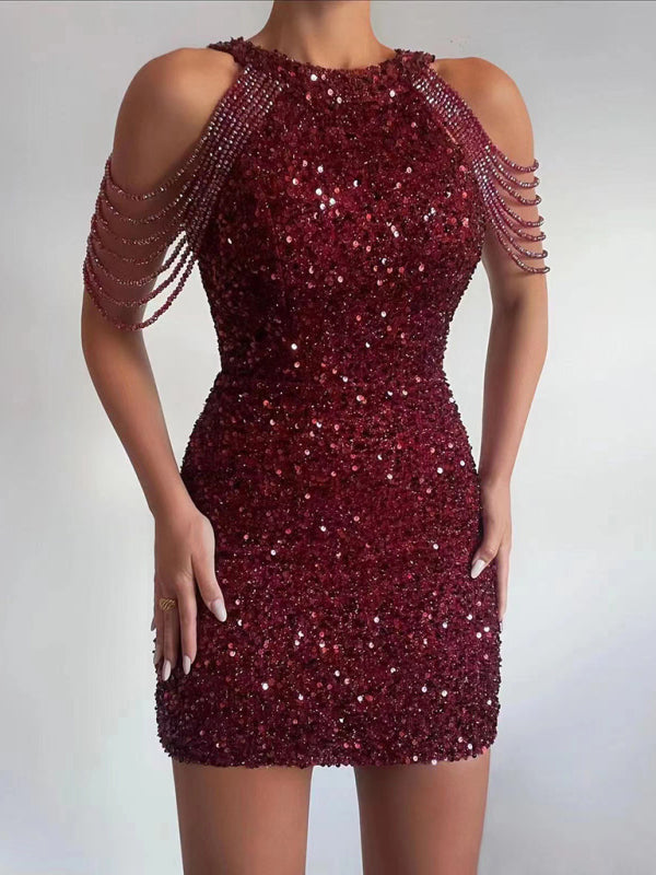 sequined chain beads bodycon party dress