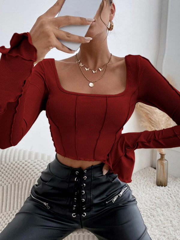 slim fit long sleeve square neck pullover t-shirt