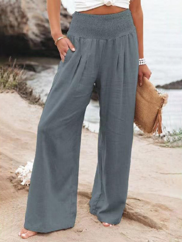 women's solid color smocked waist side-seam pockets wide leg pants