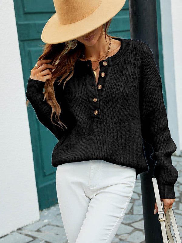 fashion crew neck single breasted solid color pullover sweater