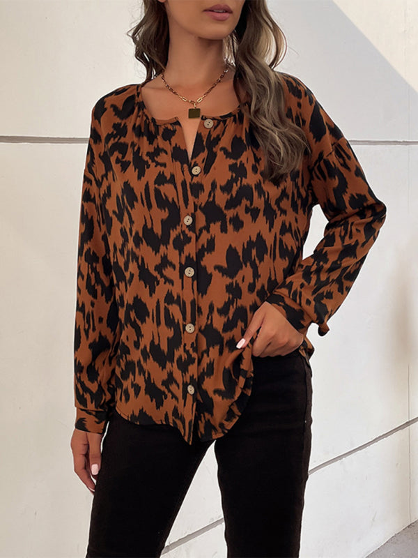 women's leopard print button-front long-sleeve shirt