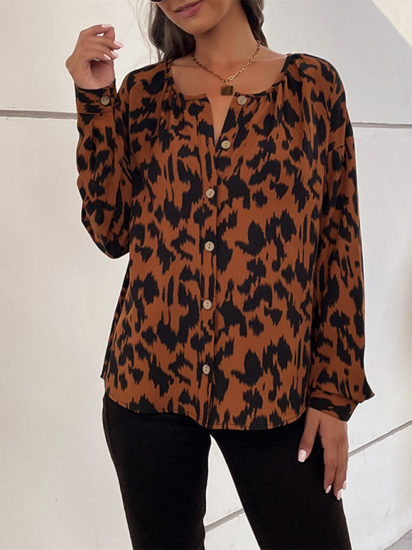 women's leopard print button-front long-sleeve shirt