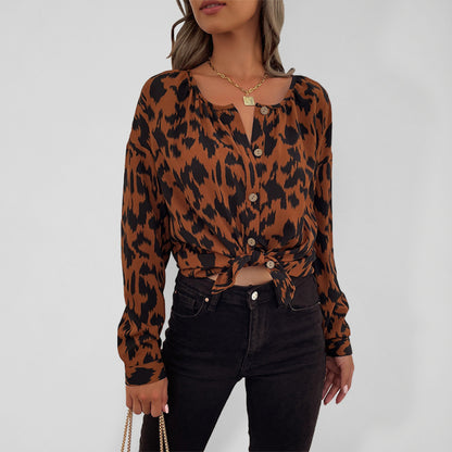 women's leopard print button-front long-sleeve shirt