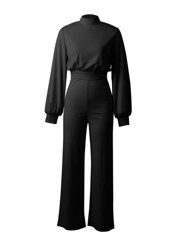 women's solid color turtleneck open back long sleeve jumpsuit