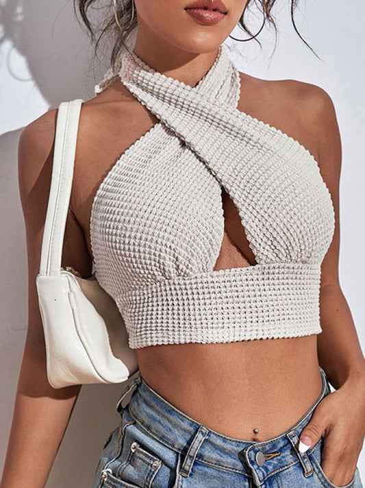 women's knitted sexy backless waffle halter vest