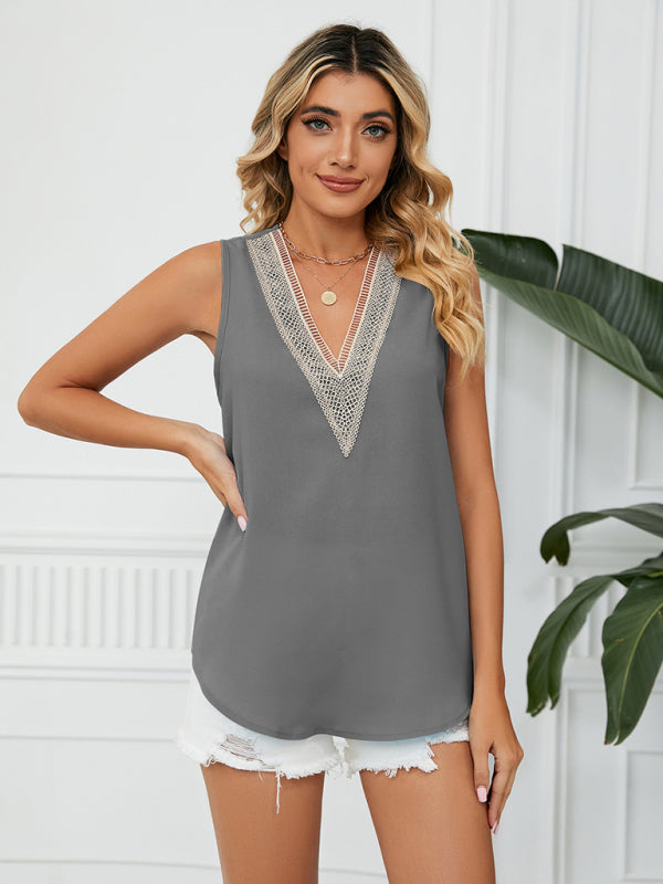 women's solid color chiffon loose v neck sleeveless tank top