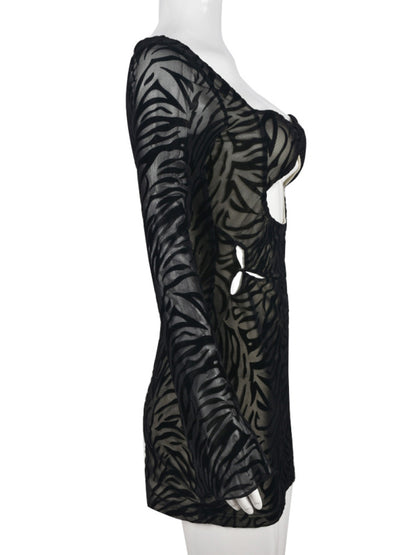 women's solid color cutout zebra print flocked mesh long sleeve sheath midi dress