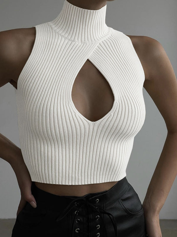 women's solid color sleeveless hollow slim wool vest top