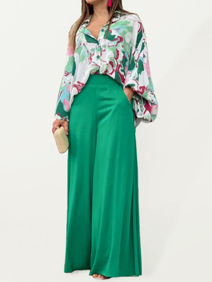 women's printed long sleeve button front closure with wide leg pants set