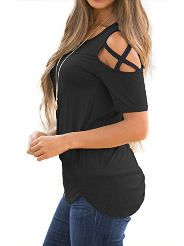 women's solid color solid cut out detail crew neck tee