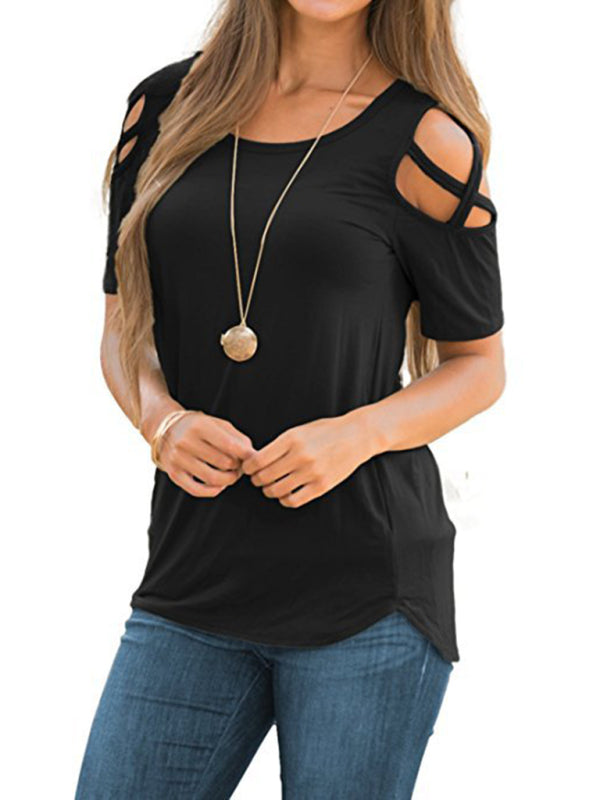women's solid color solid cut out detail crew neck tee