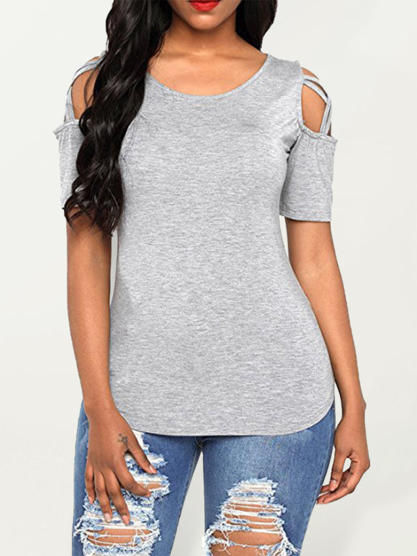 women's solid color solid cut out detail crew neck tee