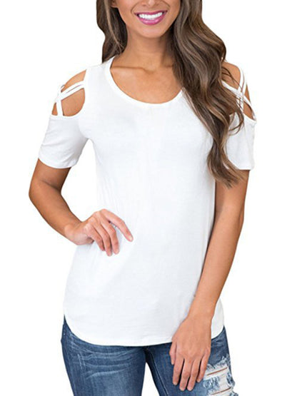 women's solid color solid cut out detail crew neck tee