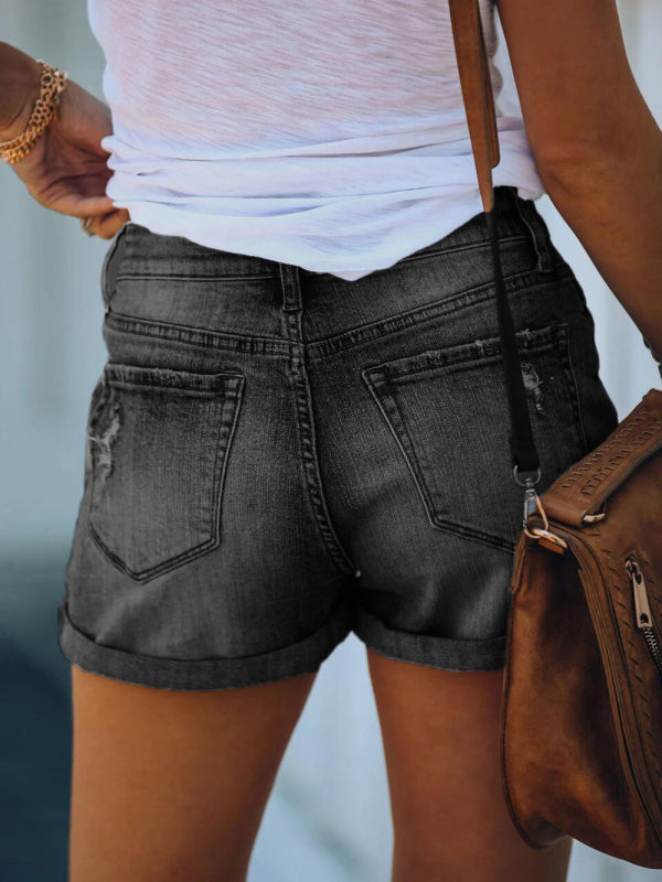 trendy ripped rolled edge elastic high waist denim shorts women's hot pants
