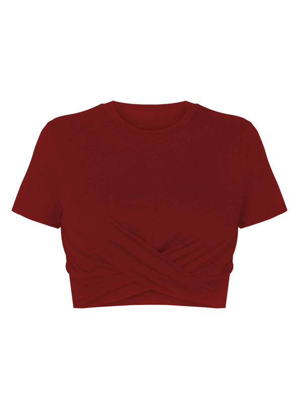 women's knitted short slim fit t-shirt with navel and knot