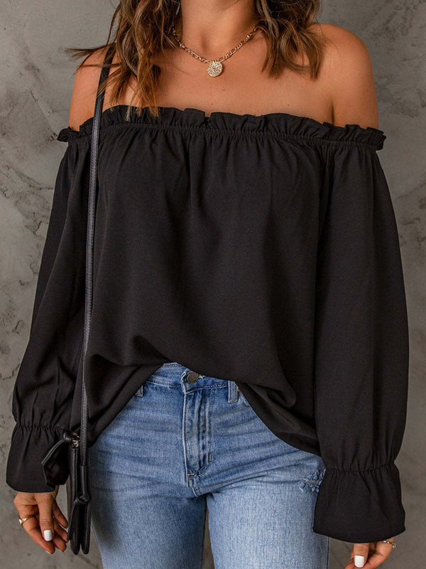 one-neck chiffon shirt solid color pullover sexy off-the-shoulder top
