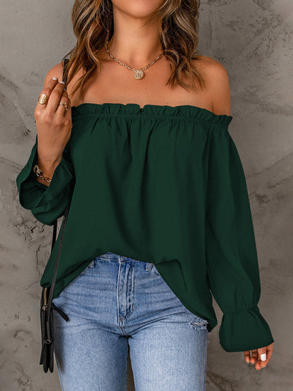 one-neck chiffon shirt solid color pullover sexy off-the-shoulder top