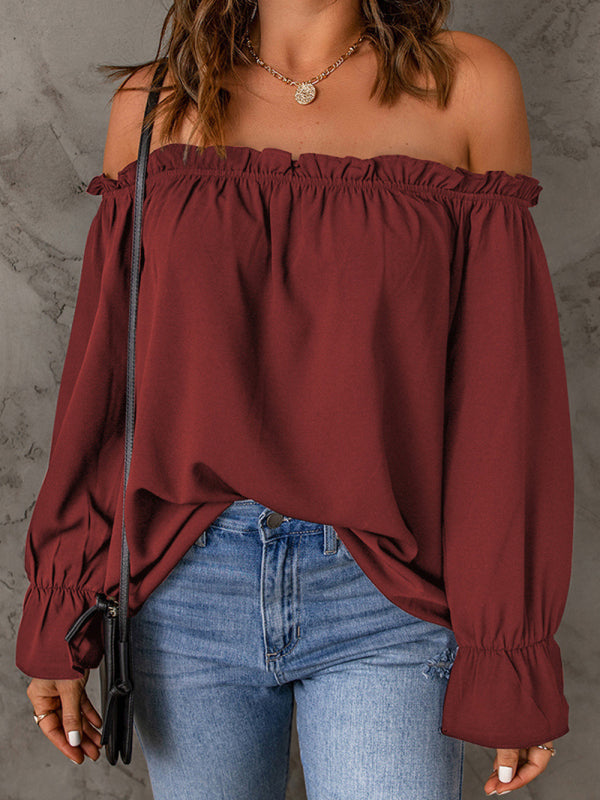 one-neck chiffon shirt solid color pullover sexy off-the-shoulder top