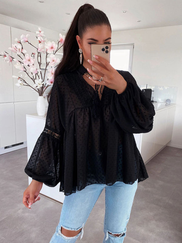 women's chiffon stitching lace loose balloon sleeve top shirt