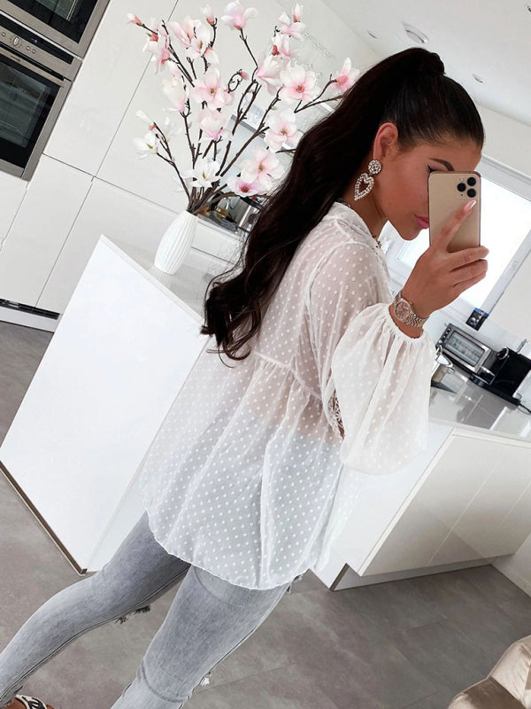 women's chiffon stitching lace loose balloon sleeve top shirt