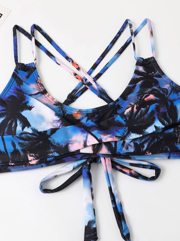 new multicolor coconut tree printing laser cut flower petals bottoms ladies split bikini swimsuit