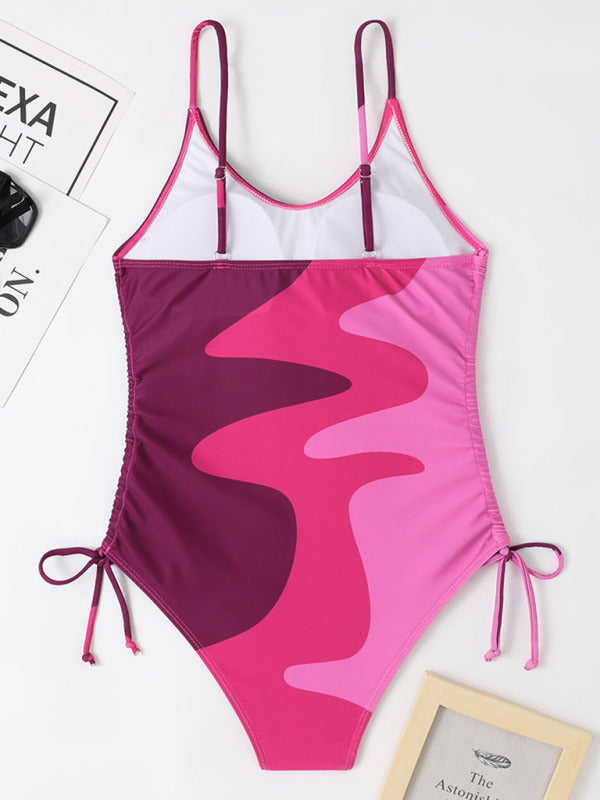 new one-piece swimsuit multicolor stitching drawstring corrugated ladies swimsuit
