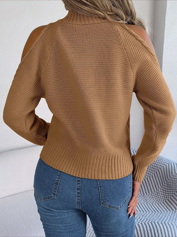 new women's off-the-shoulder turtleneck hollow-out long-sleeved knitted pullover sweater