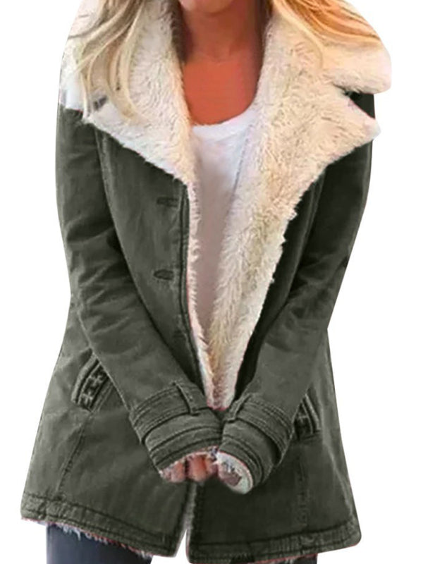 FZ Women's solid color plush lapel mid-length jacket - FZwear