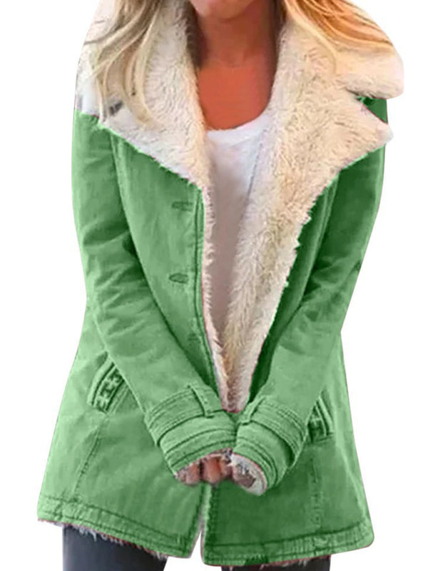 FZ Women's solid color plush lapel mid-length jacket - FZwear