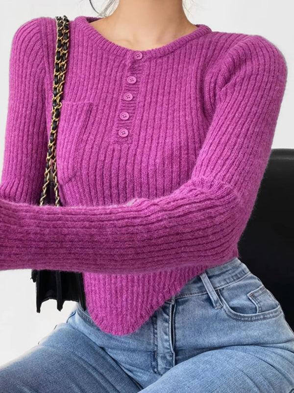 FZ Women's thickened curved hem short long-sleeved sweater top - FZwear