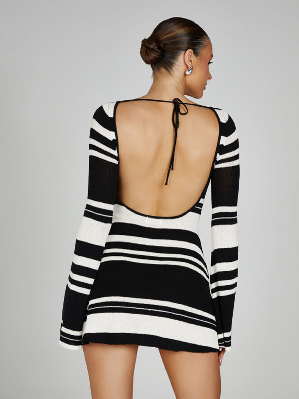 FZ Women's bell sleeves backless striped slim knitted dress - FZwear