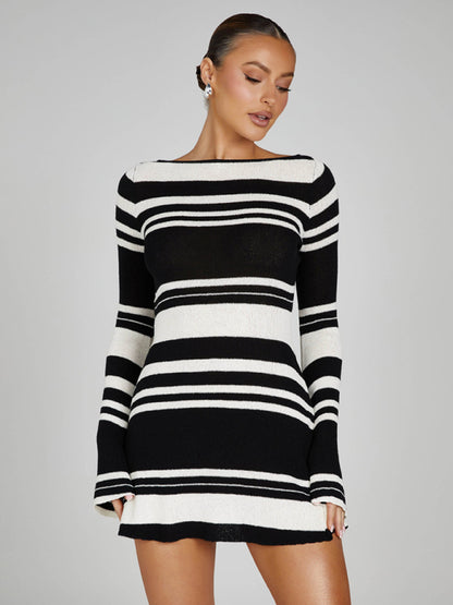 FZ Women's bell sleeves backless striped slim knitted dress - FZwear