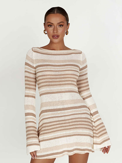 FZ Women's bell sleeves backless striped slim knitted dress - FZwear